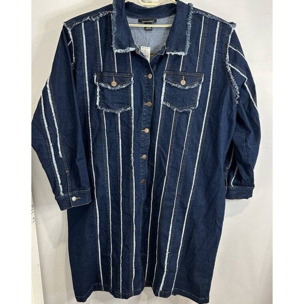 Ashley Stewart Denim Long Raw Edge Duster Jacket Button Front New 32